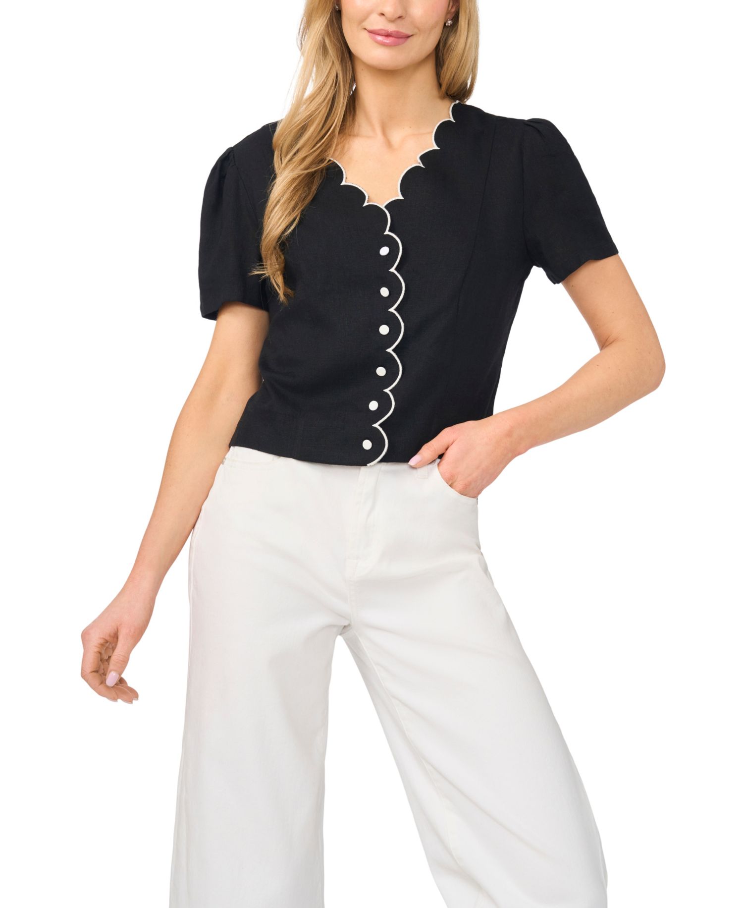 Women's Linen-Blend Short-Sleeve V-Neck Scallop Edge Top