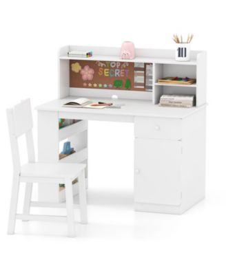 Children Desk Chair Set with Storage Hutch and Side Shelves