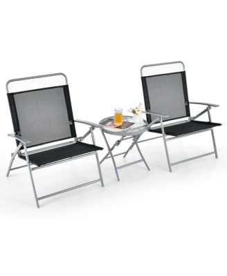 3 Piece Folding Patio Furniture Set Metal Chairs with Glass Table