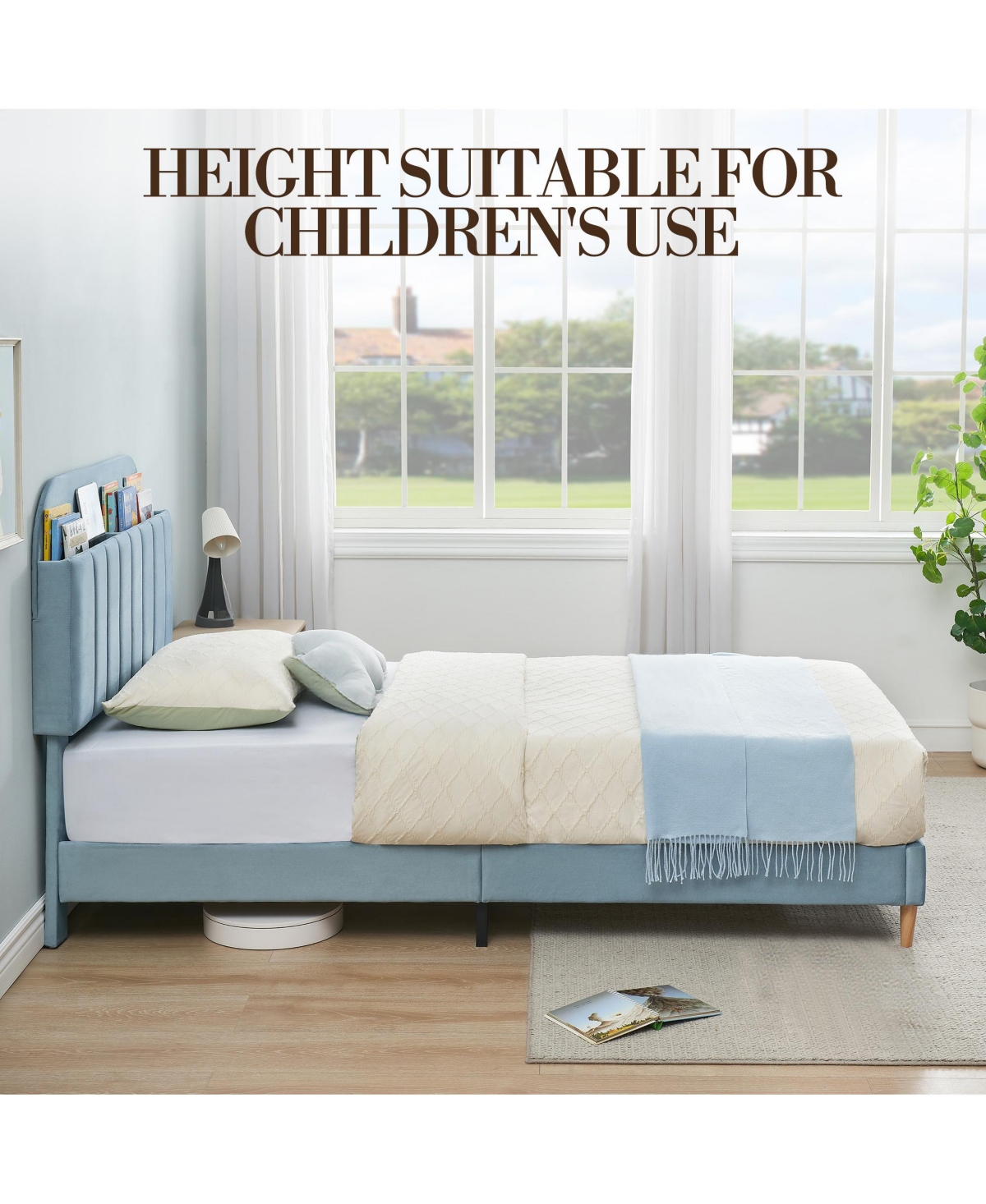 homfan Upholstered Bed Frame with Bookcase Headboard, Storage Cubbies and Wooden Slats Support