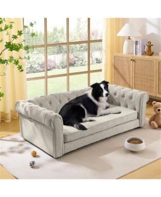 Elevated Dog Sofa Bed, 55 Inch Durable Linen Fabric Pet Couch for Big and Oversized Dogs