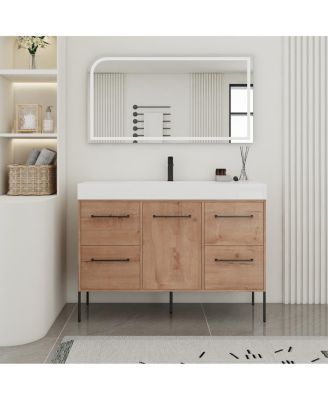 Modern Bathroom Vanity with Resin Sink, Soft-Close Imitative Oak Plywood Cabinet, Water and Scratch Resistant for Bathroom