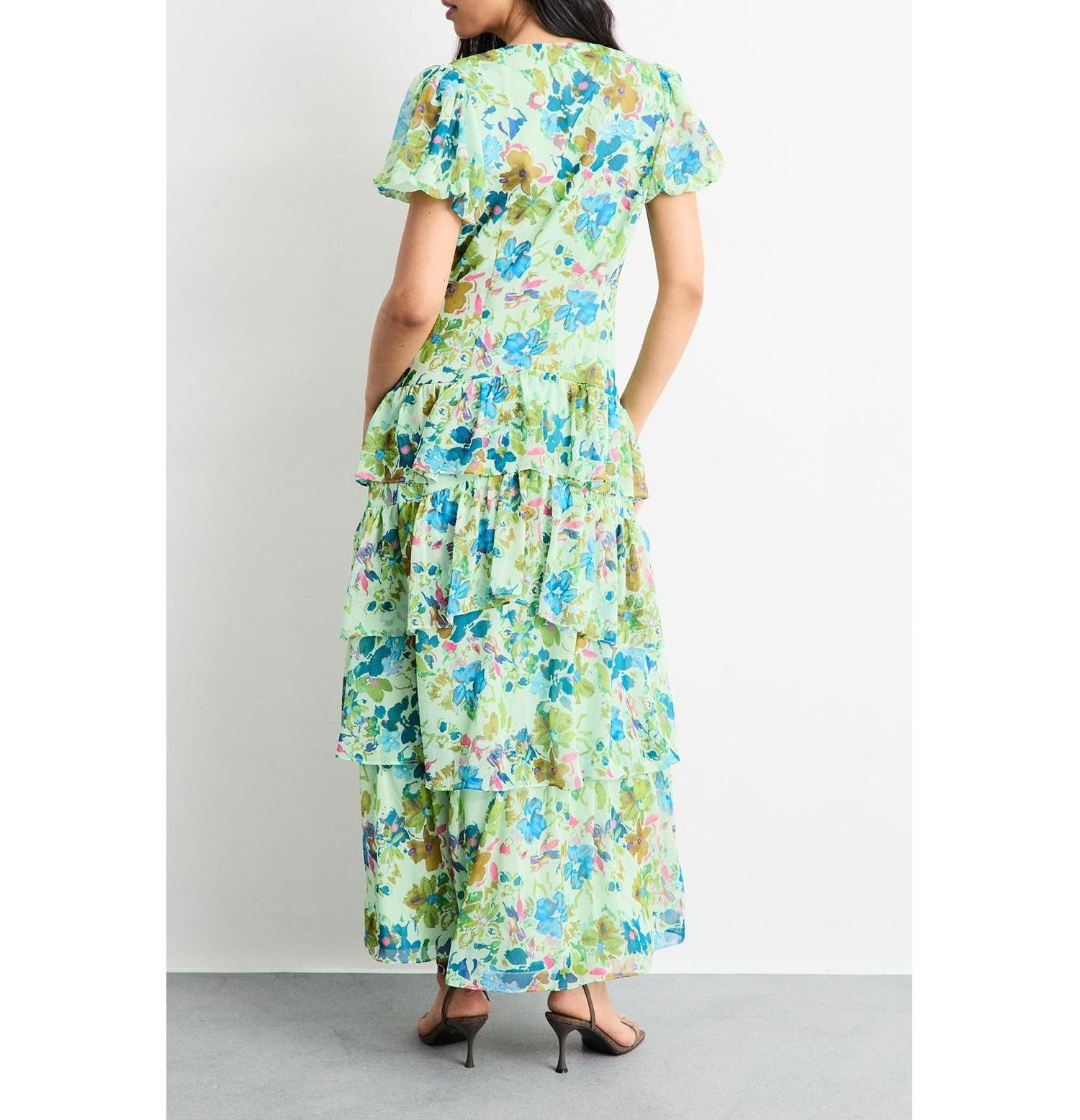 Women's Waist Puff Sleeve Tiered Midi Dress