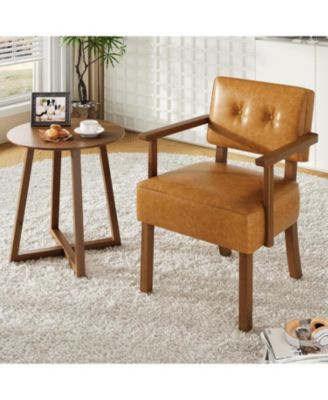 Mid-Century Accent Chair with Wood Frame,PU Leather Upholstered Lounge Arm Chair,Reading Leisure Chair with Classic Button Tufting