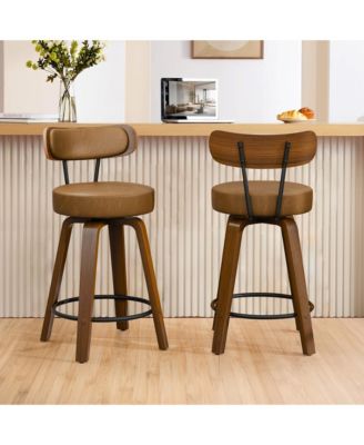 26 inches Swivel Bar Stools Set of 2, Counter Height Bar Stools with Faux Leather Upholstered Pad Wood Back for Kitchen Island, Cafe