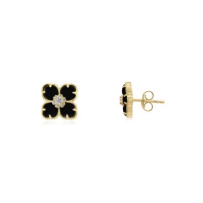Onyx CZ Flower Stud Earrings 14K Gold-Plated Sterling Silver