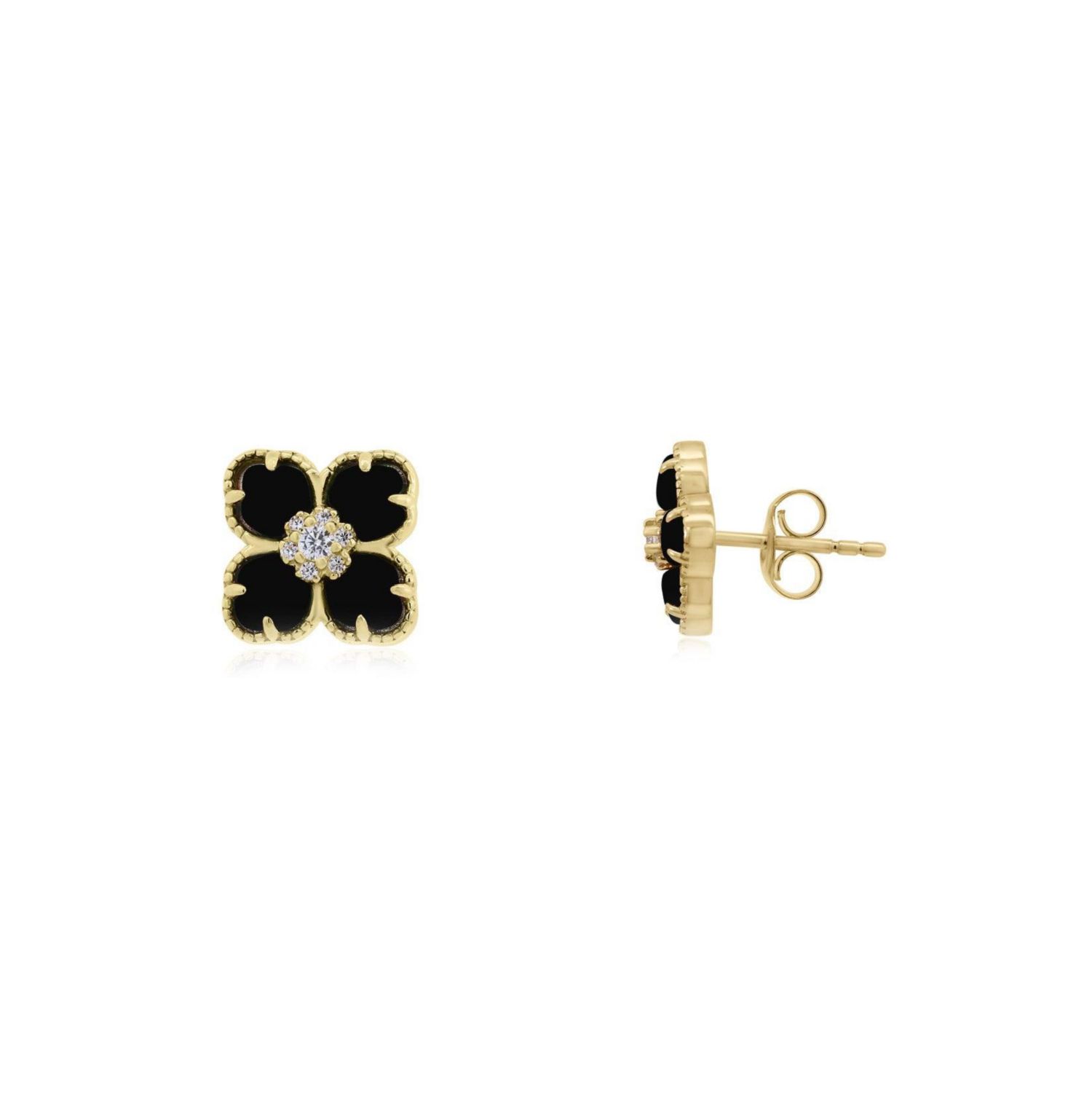 Onyx CZ Flower Stud Earrings 14K Gold-Plated Sterling Silver