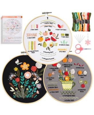 3 Pack Embroidery Kit Beginner Adult DIY Stamped Pattern Hoop Thread Video Tutorial