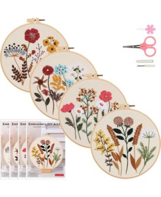 4 Sets Floral Embroidery Kit Beginner Flower Pattern Practice Set