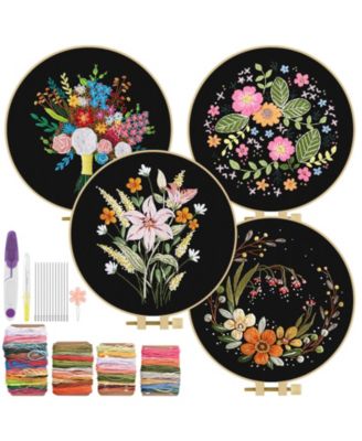 4 Sets Embroidery Kit Floral Cross Stitch Cloth Hoops Threads