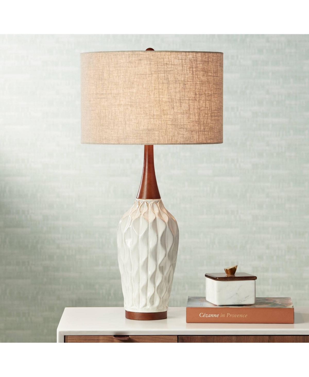 360 Lighting Mid Century Modern Table Lamp with Usb Charging Port 30" Tall Ceramic Fabric Drum Shade for Living Room