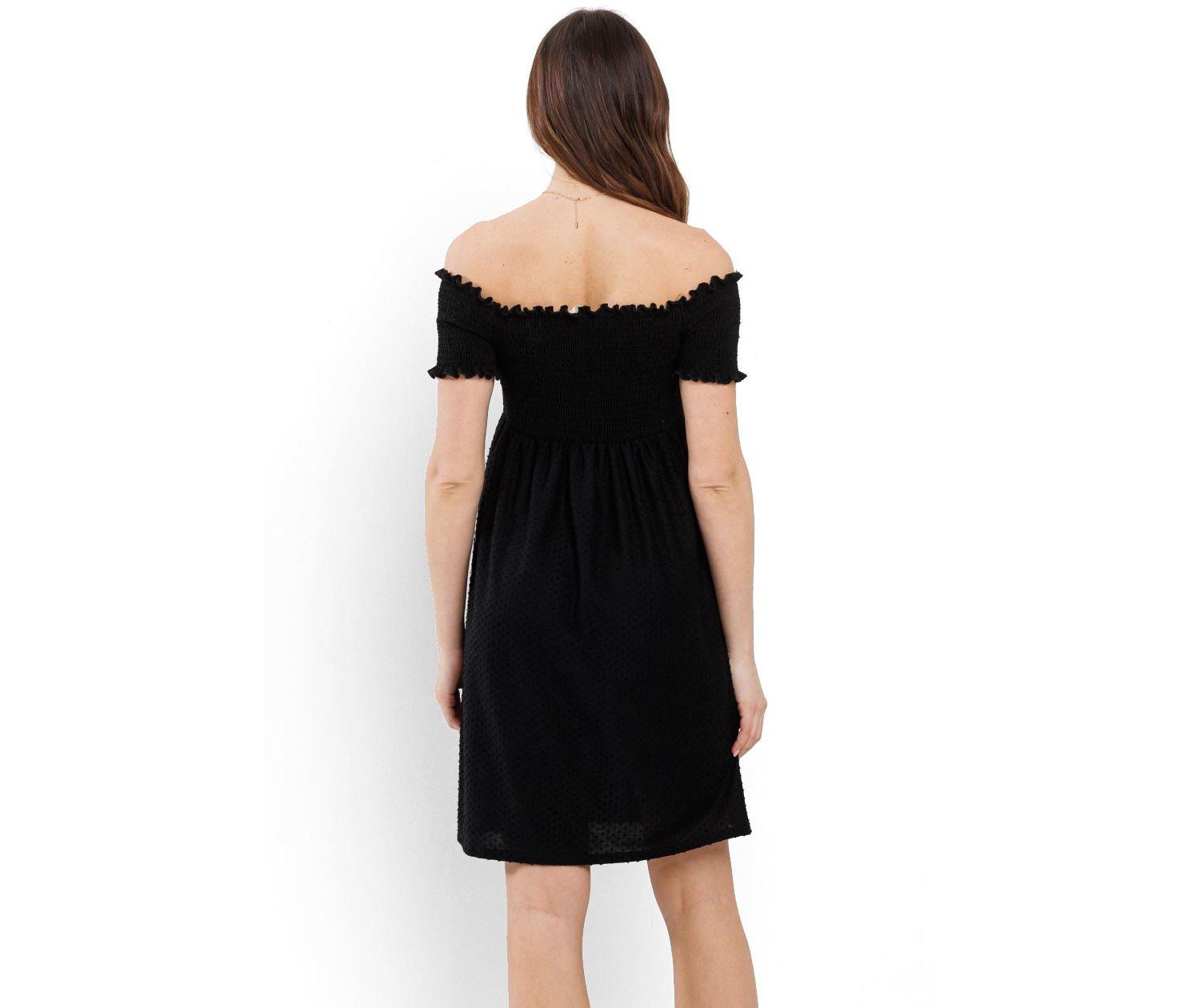 Women's Off-the-Shoulder Smocked Swiss Dot Dress with Pockets