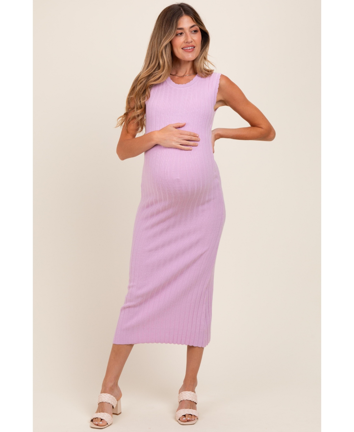 Pinkblush Maternity Light Pink Scalloped Ribbed Knit Sleeveless Midi Dress