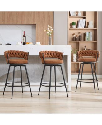 28 inch Bar Stools Set of 3, Modern Counter Height Bar Stools, 360&deg; Swivel Fabric Stool Chairs with Woven Back and Footrest