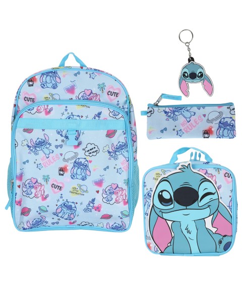 Детские Stitch Boys' and Girls' All Over Print Backpack, Insulated Lunch Kit, Key Chain and Pencil Case, 4-Piece Set