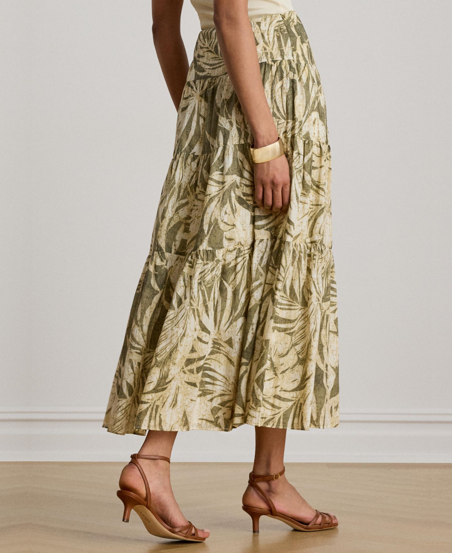 Женская юбка Lauren Ralph Lauren Elasticized Waist Tiered A-Line Midi, цвет: Оливковый разноцветный — фото 6