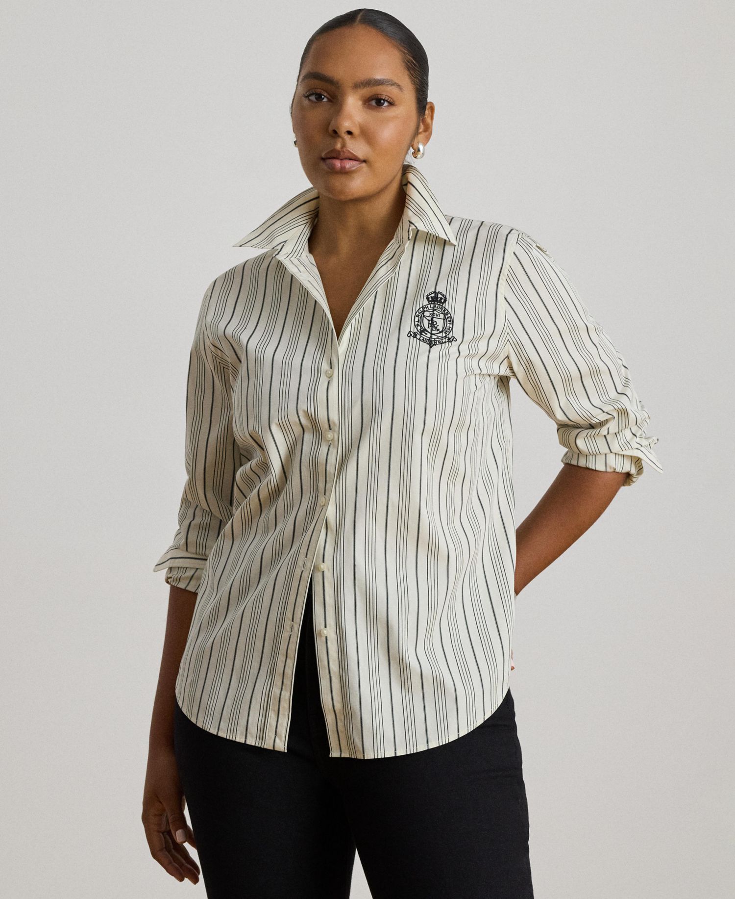 Petite Striped Collared Crest-Embroidered Shirt
