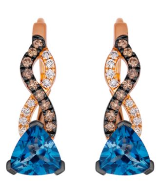 Trilliant Deep Sea Blue Topaz™, Chocolate Diamond (1/6 ct. t.w.) & Nude Diamond (1/10 ct. t.w.) Drop Earrings in 14k Strawberry Gold