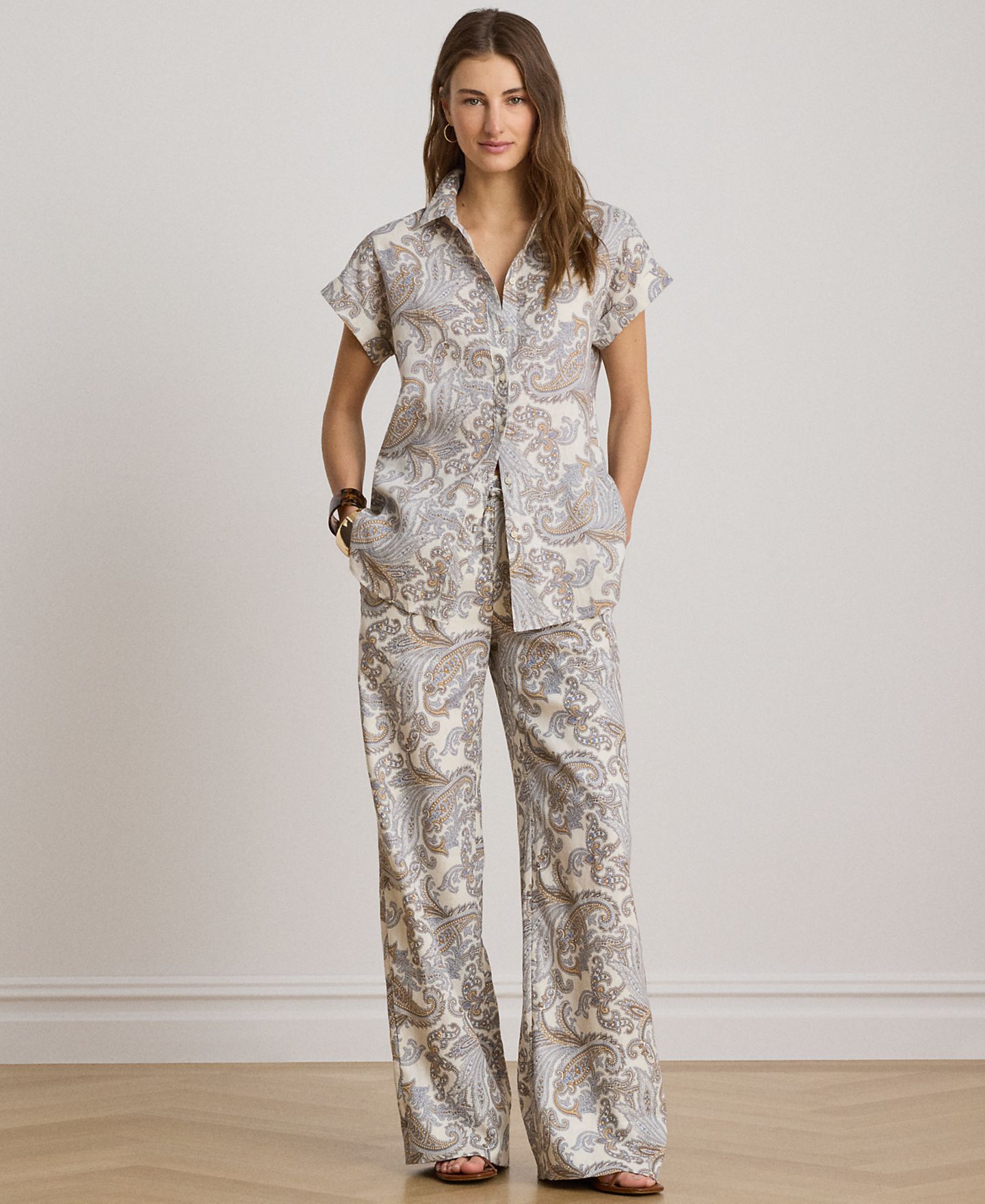 Женские брюки Lauren Ralph Lauren Linen Mid-Rise Wide-Leg, цвет: Кремовый разноцветный — фото 2