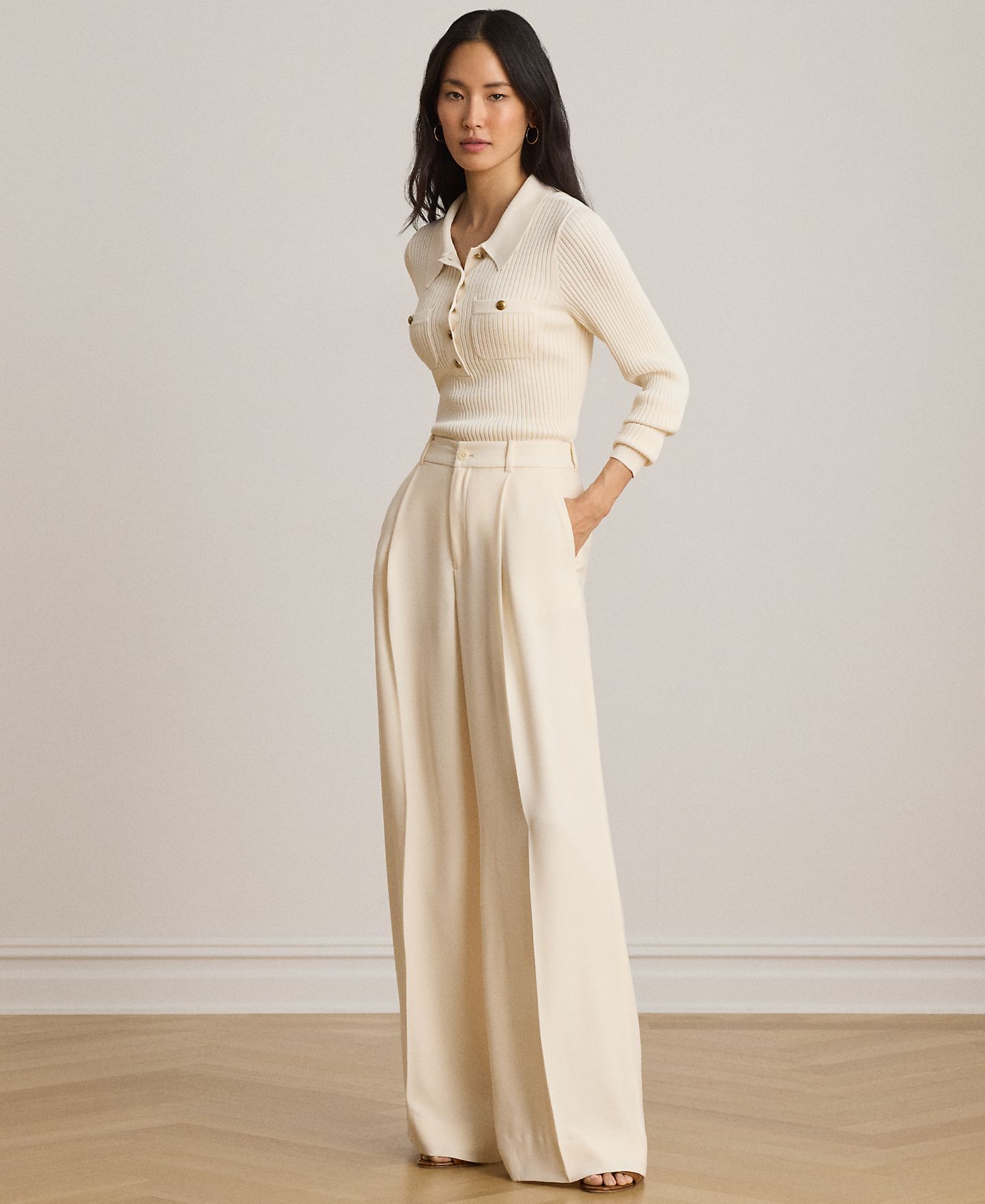Женские брюки Lauren Ralph Lauren Petite High-Rise Wide-Leg, цвет: Кремовый — фото 2