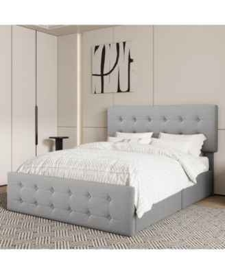 Upholstered Platform Bed Frame with 4 Storage Drawers, Button Tufted Headboard, Wooden Slats, No Box Spring