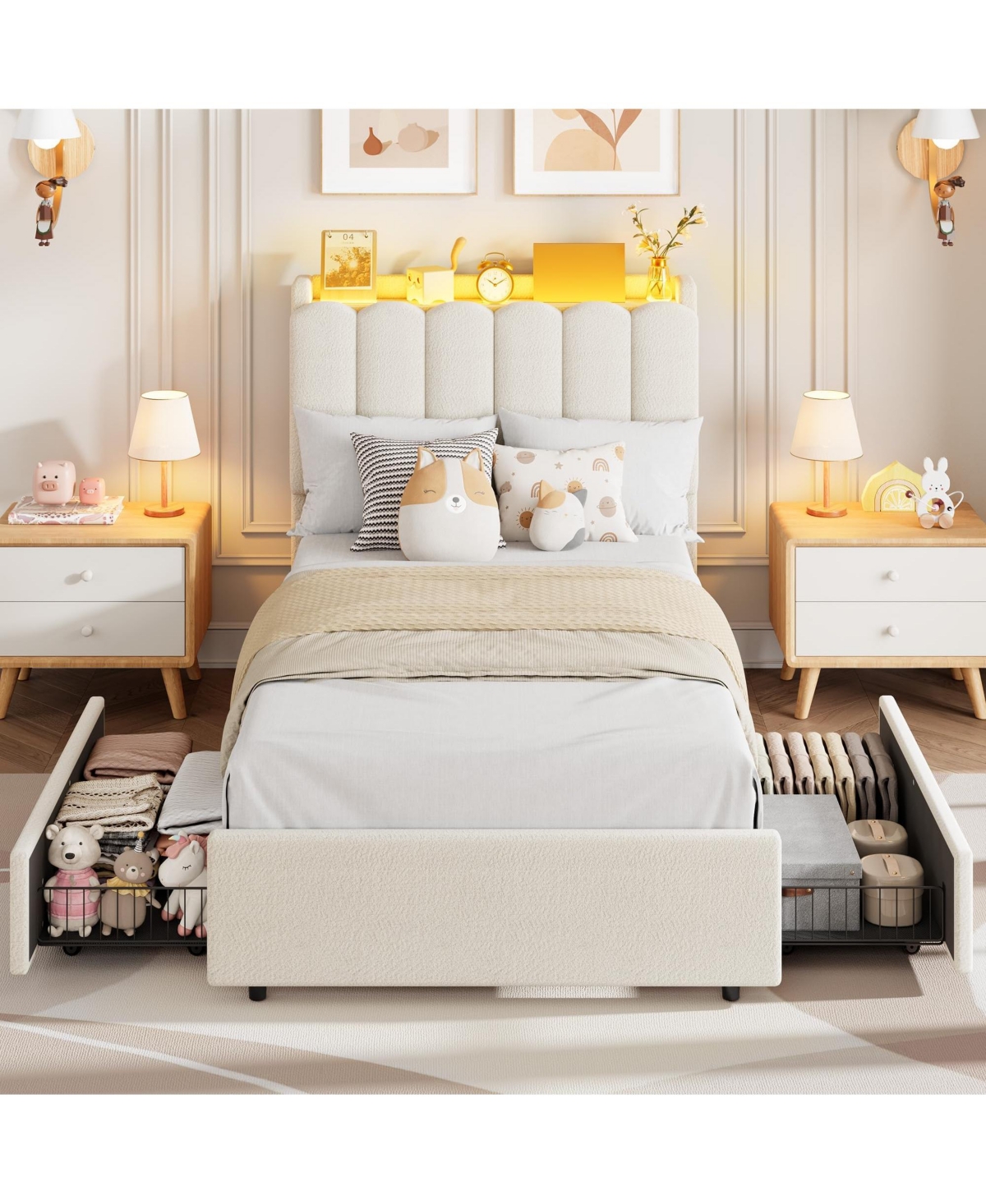 homfan Upholstered Platform Bed Frame with Led Storage Headboard and 2 Drawers