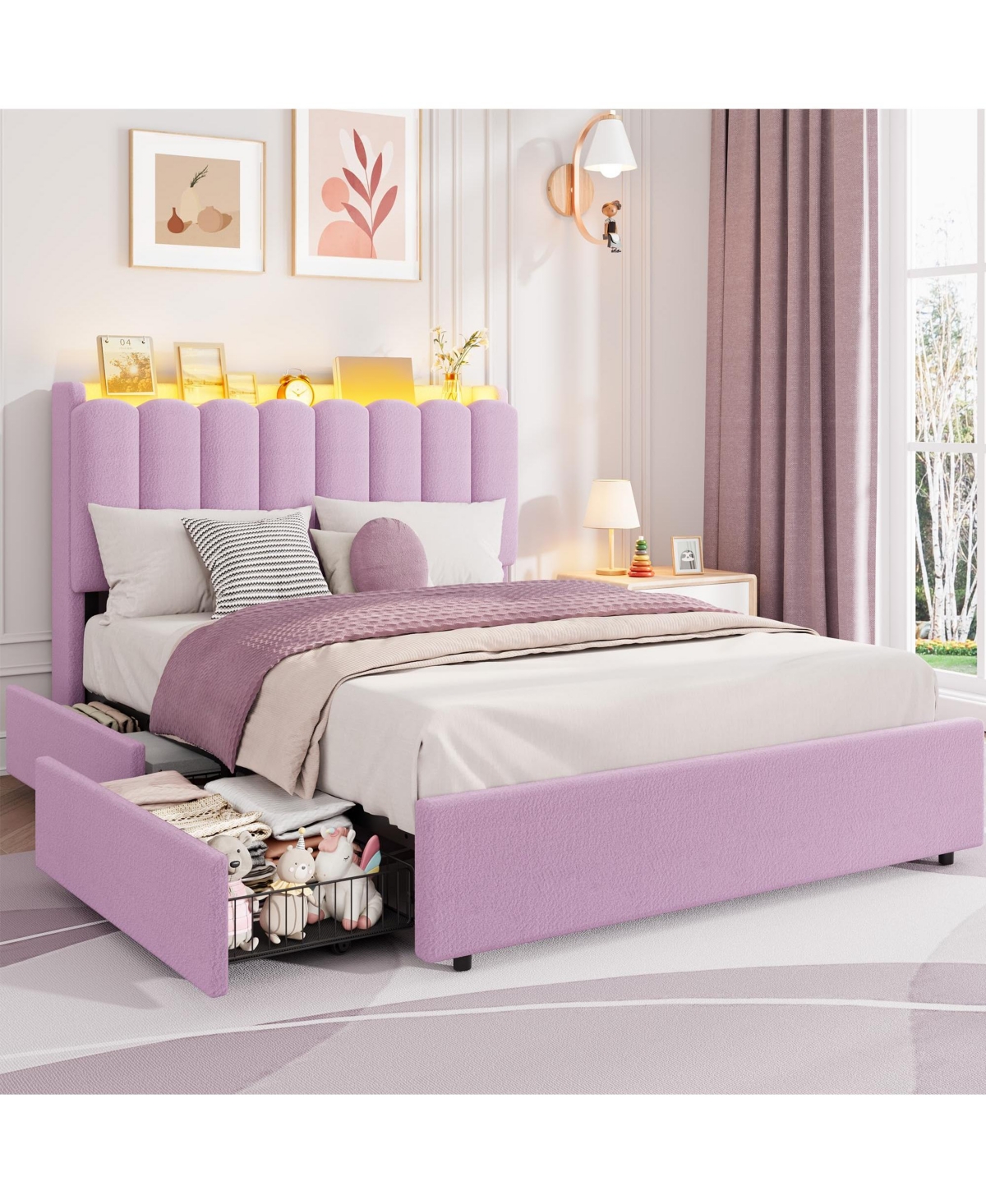 homfan Upholstered Platform Bed Frame with Led Storage Headboard and 2 Drawers