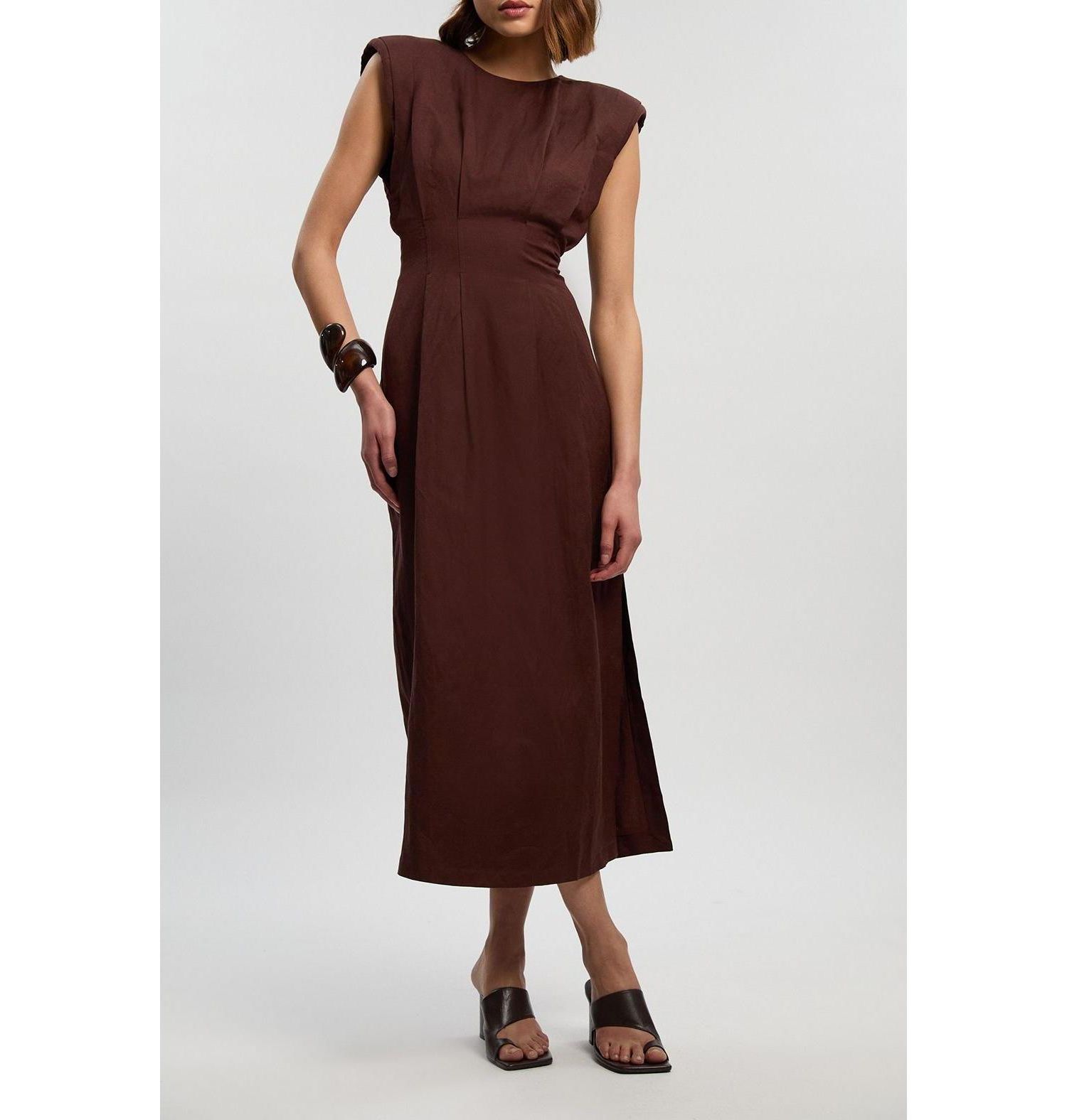 Women's Linen Blend Pintuck Midi Dress