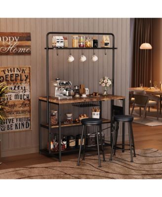 42 Inch Industrial Bar Table with Storage Power Outlet 2 Bar Stools 3 Baker Rack 5 Hooks Microwave Stand Annual Rings Finish