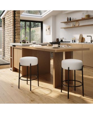 2PCS 24 Inch Round Backless Counter Bar Stools, Sherpa Upholstered Chairs with Footrest for Kitchen Island Cafe Home Bar