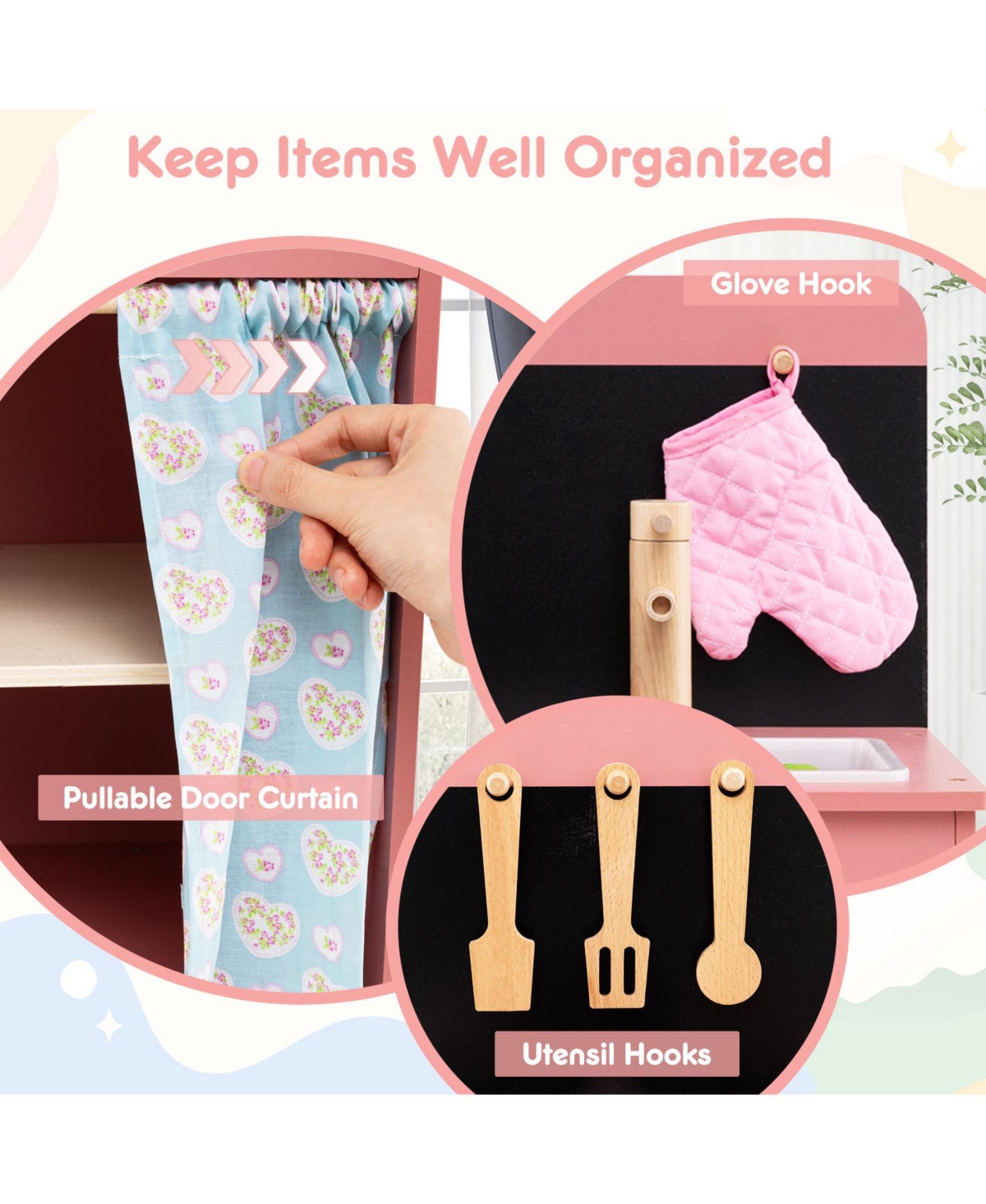 Slickblue Kids Wooden Pink Kitchen Playset with Door Curtain Pretend Play