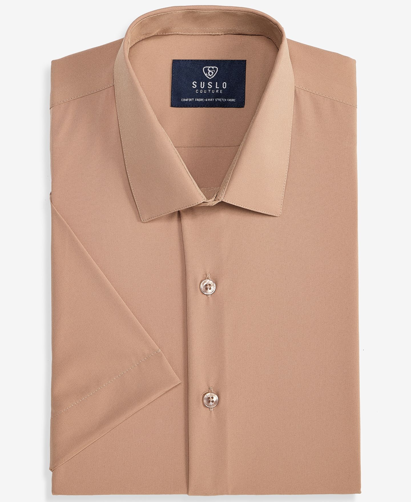Мужская рубашка Suslo Couture Slim-Fit Four-Way Stretch Solid Short-Sleeve Dress Shirt, цвет: Золотой — фото 4