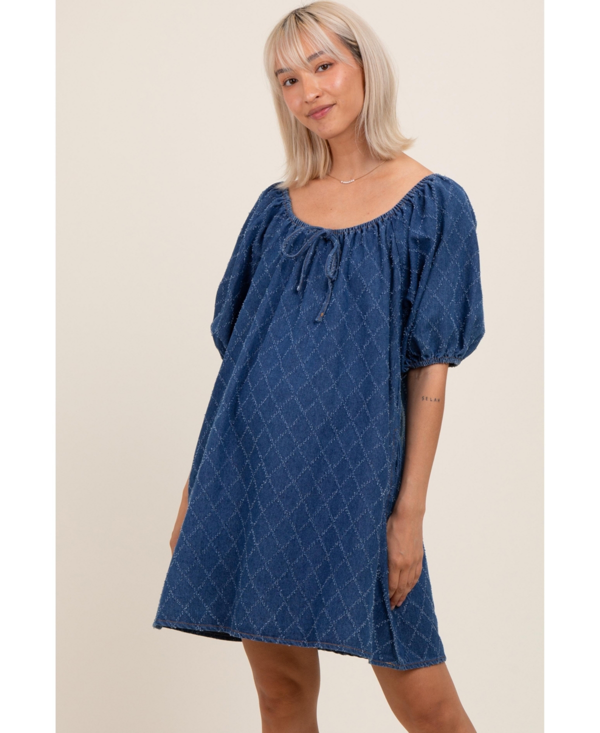 Pinkblush Maternity Navy Chambray Jacquard Puff Sleeve Mini Dress