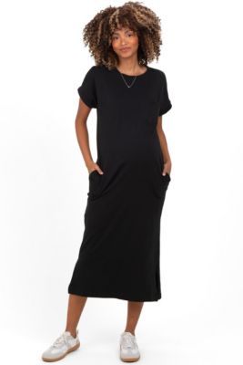 Women's Black Pocket Front Midi T-Shirt Dress