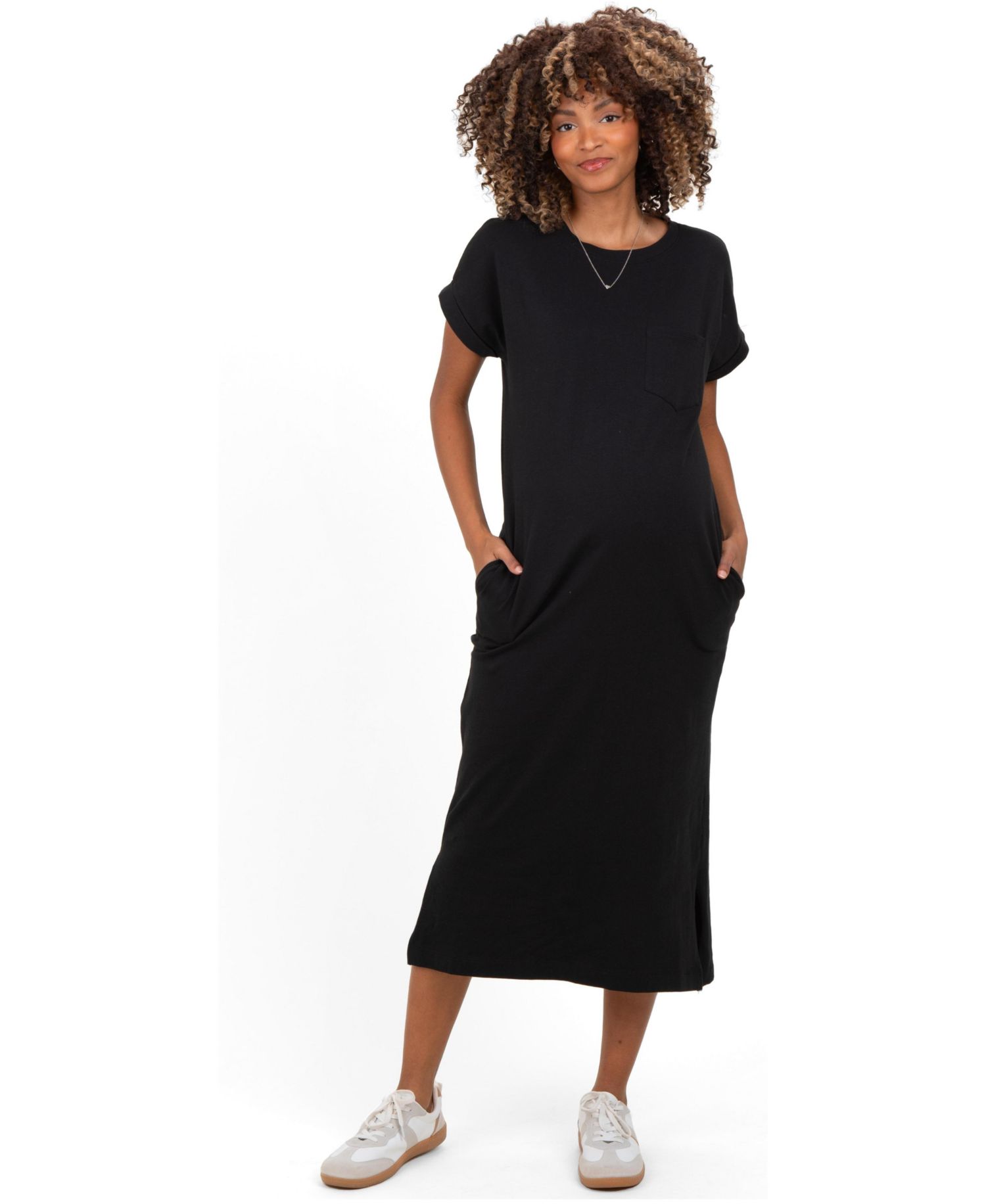 Women's Black Pocket Front Midi T-Shirt Dress
