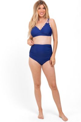 Women's Teal Scalloped V-Neck High Waist Two-Piece Swimsuit