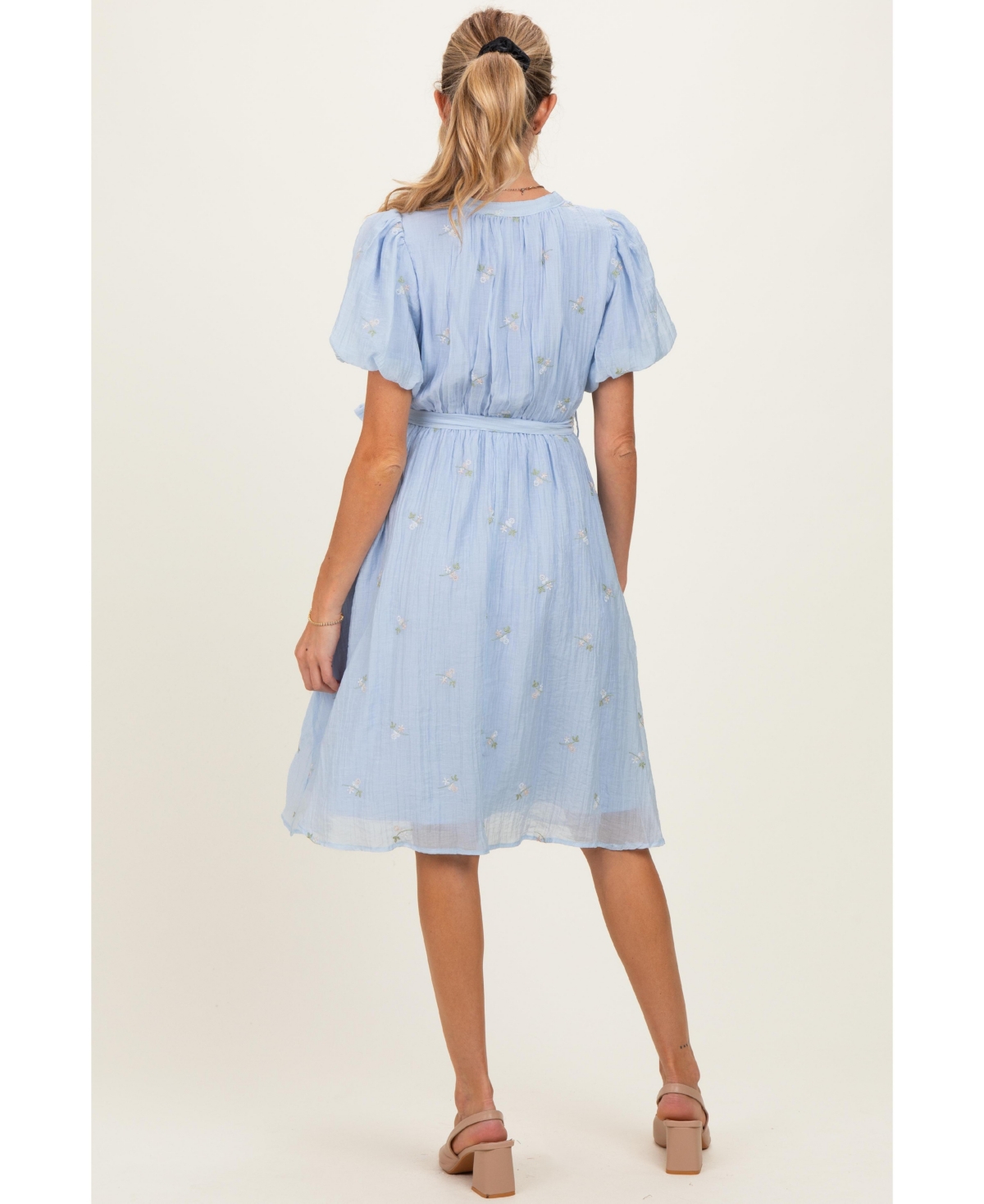 Pinkblush Maternity Blue Floral Embroidered Tie Waist Dress