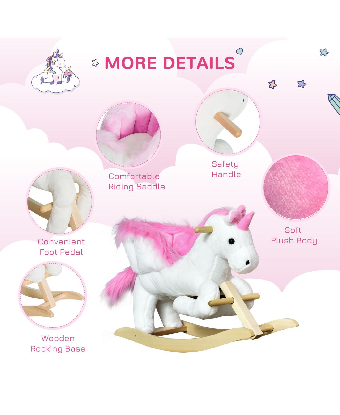 Детская мягкая игрушка Qaba Unicorn Singing Plush Rocking Chair, Ages 18-36 Months — фото 3