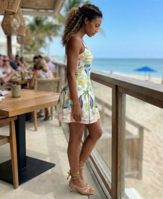 knee length dresses for ladies Crimson Tropical Floral Halter Cotton Mini Dress main image 0