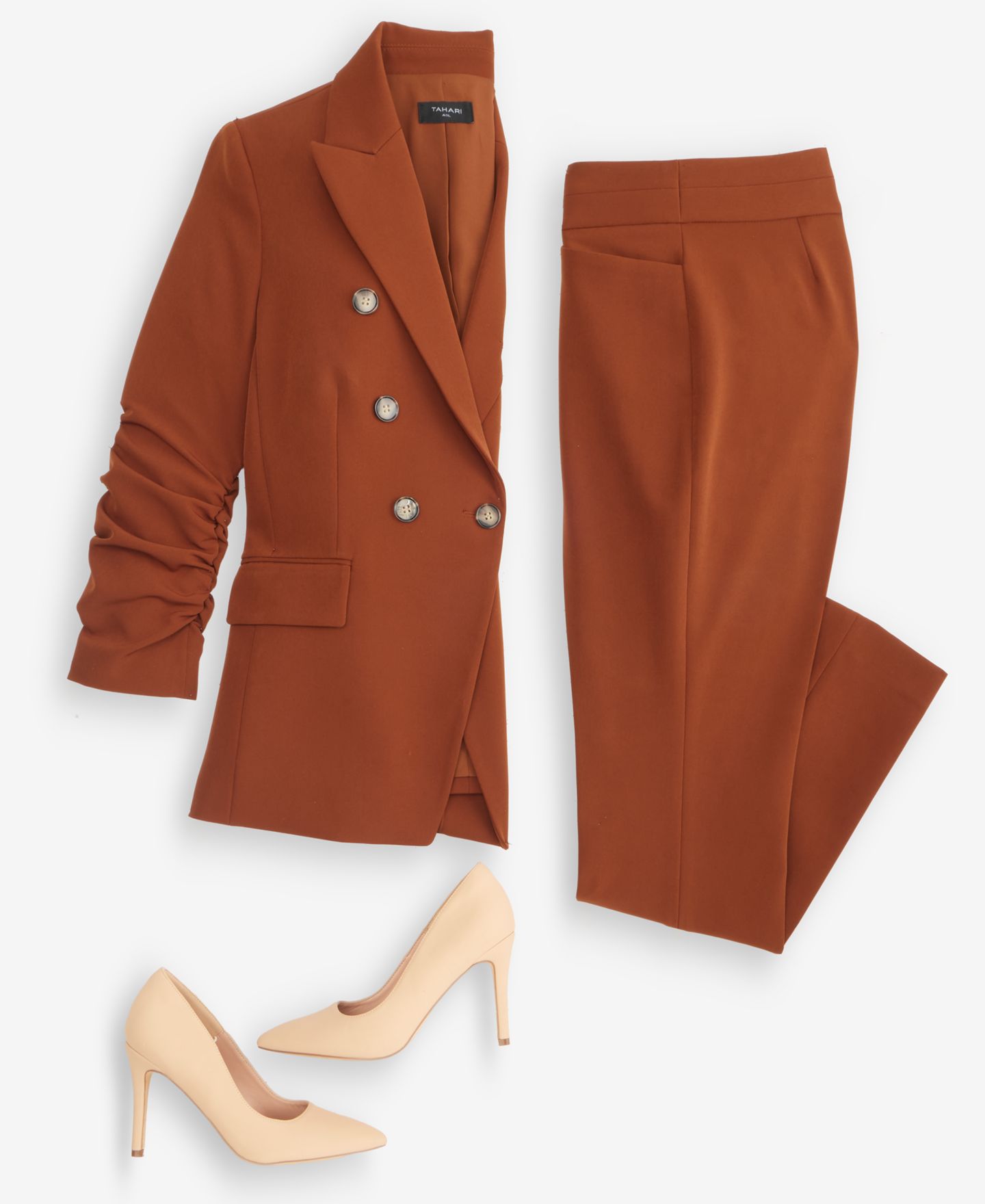 Женские комплекты Tahari ASL Ruched-Sleeve Double-Breasted Blazer & Seamed Waistband Pants, цвет: Коричный — фото 4