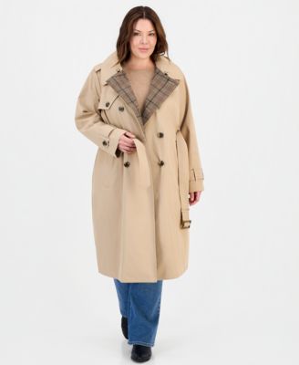 Plus Size Plaid Collar Belted Trench Coat, Created for Macy's