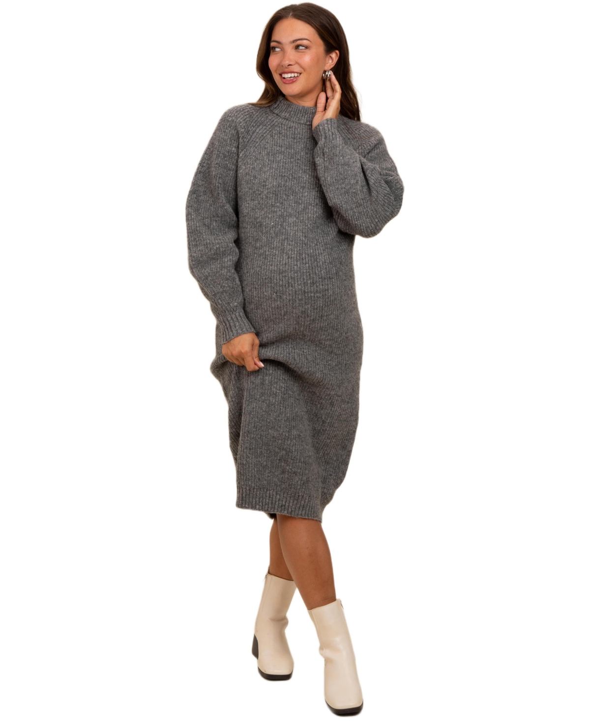 Charcoal Mock Neck Bubble Sleeve Maternity Midi Sweater Dress - Medium/Large