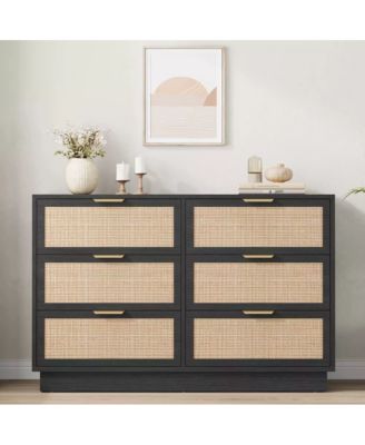 Rattan 6 Drawer Dresser with Metal Handles, 47" Wide Double Storage Chest for Bedroom Home Office