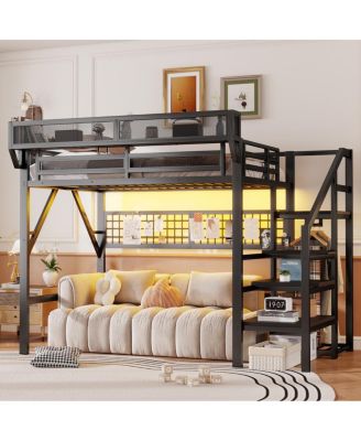 Metal Full Loft Bed with Stairs, Light and Storage