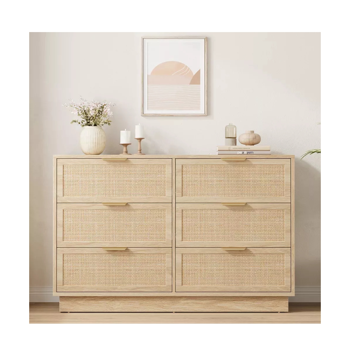 gaomon Rattan 6 Drawer Dresser with Metal Handles, 47" Wide Double Storage Chest for Bedroom Home Office - Natural