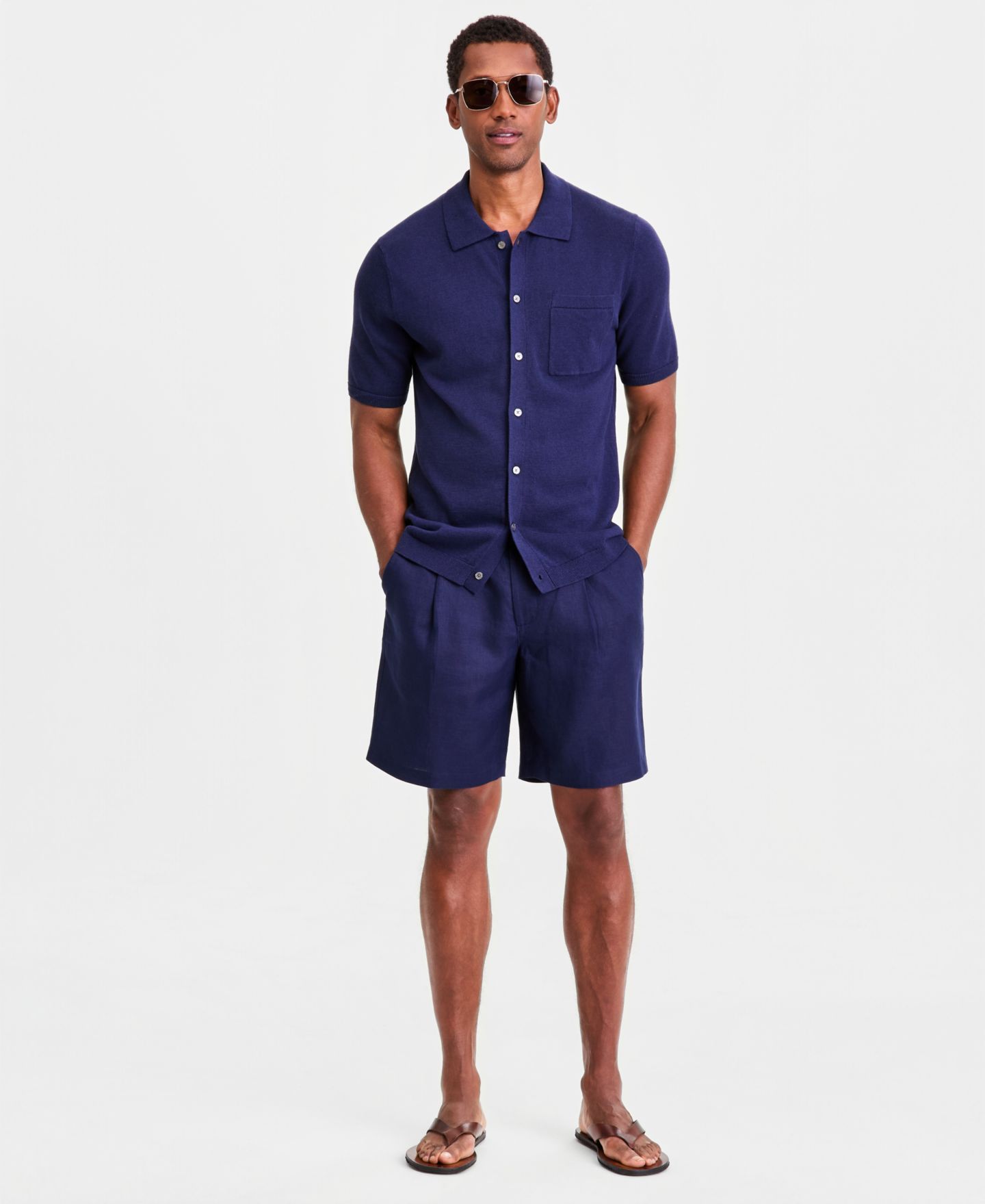 Мужской свитер Club Room Short-Sleeve Linen and Cotton Button Sweater Polo Shirt, цвет: Тёмно-синий — фото 5