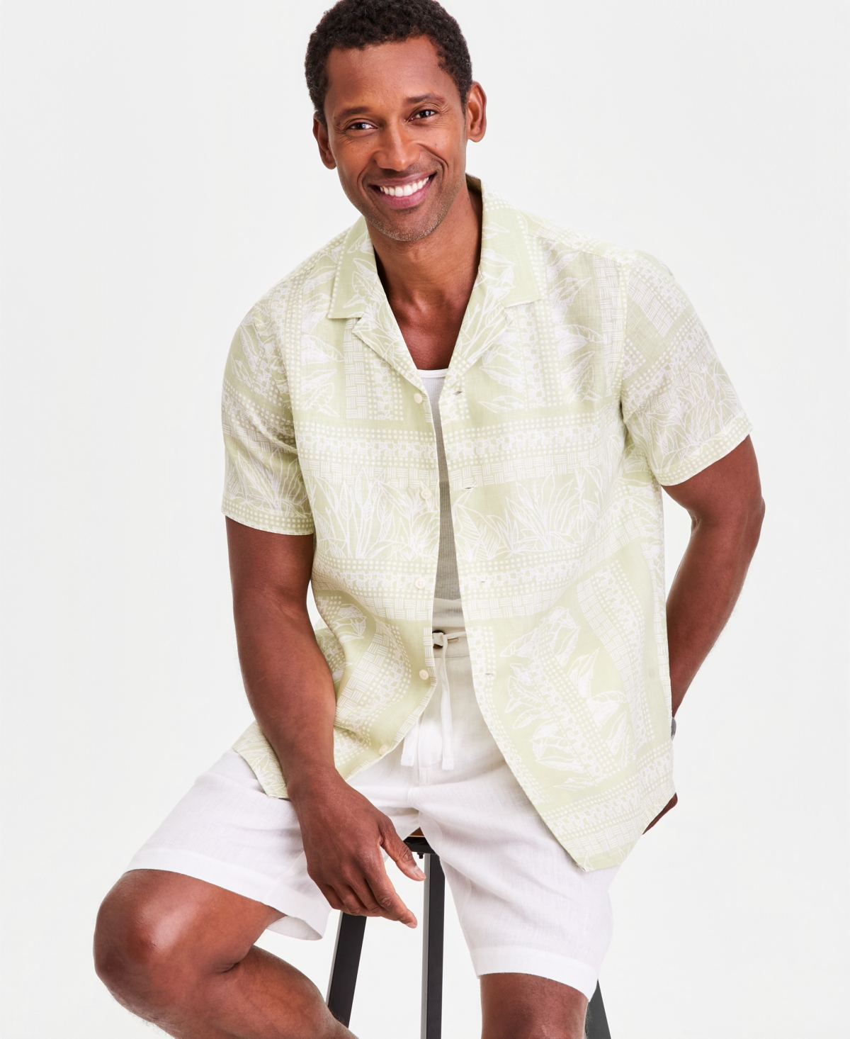 Club Room Men's Tropical Row Camp Collar Linen Short Sleeve Shirt, Macy's Exclusive - Print