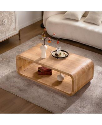 Curved Light Wood Coffee Table with Open Storage