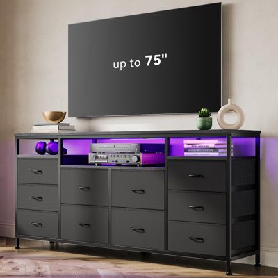63" TV Stand Dresser with 10 Fabric Drawers for 65-75" TVs, Entertainment Center with LED Lights and Power Outlets