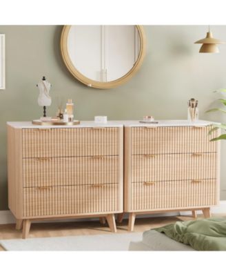 Wide Fluted Nightstands Set of 2 with Faux Marble Top and Curved Profile, 3-Drawer Large Bedside Table for Bedroom, Living Room and Hallway